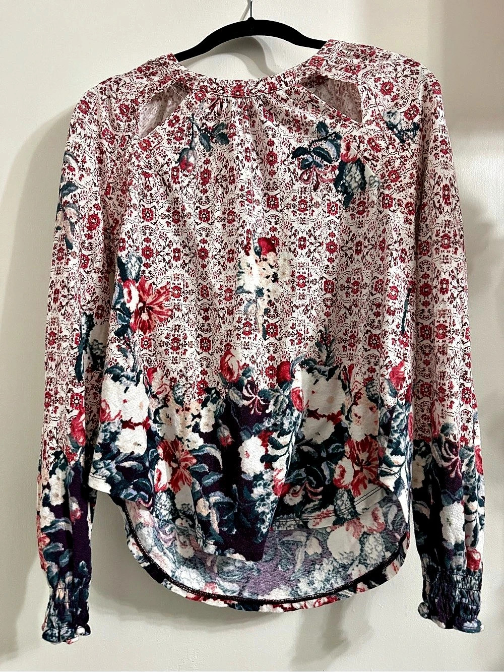 Lucky Brand Floral Long Sleeve Blouse in White & Red Size XS